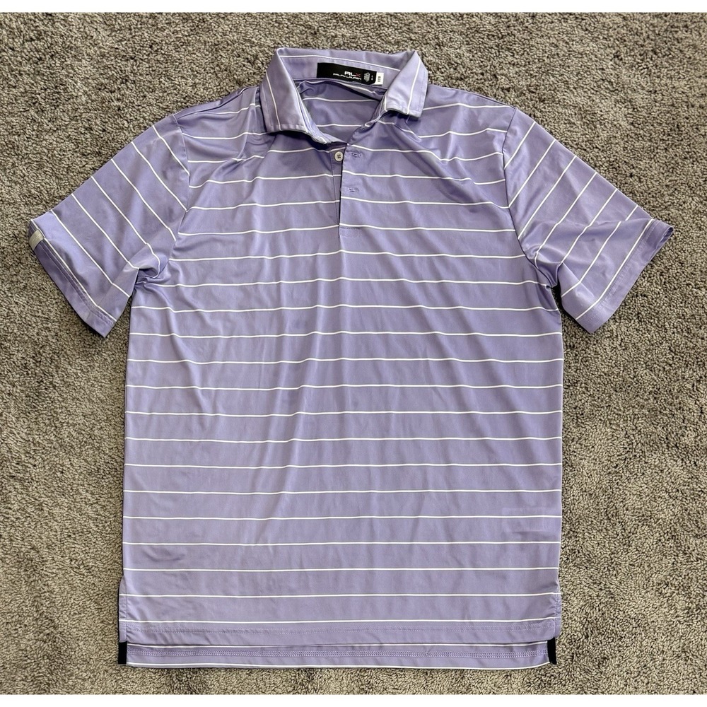 RLX Ralph Lauren Performance Golf Striped Polo Shirt Purple White Mens Size L
